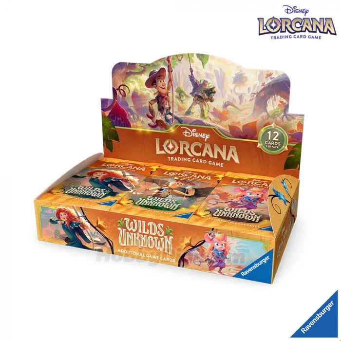 Disney Lorcana Wilds Unknown booster box containing 24 packs with colorful card game artwork