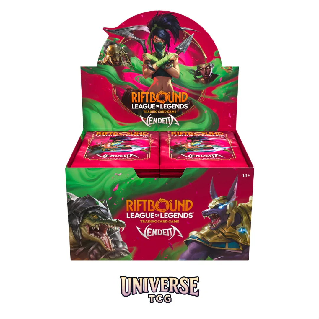 Riftbound Vendetta booster box displaying 24 League of Legends TCG booster packs on front