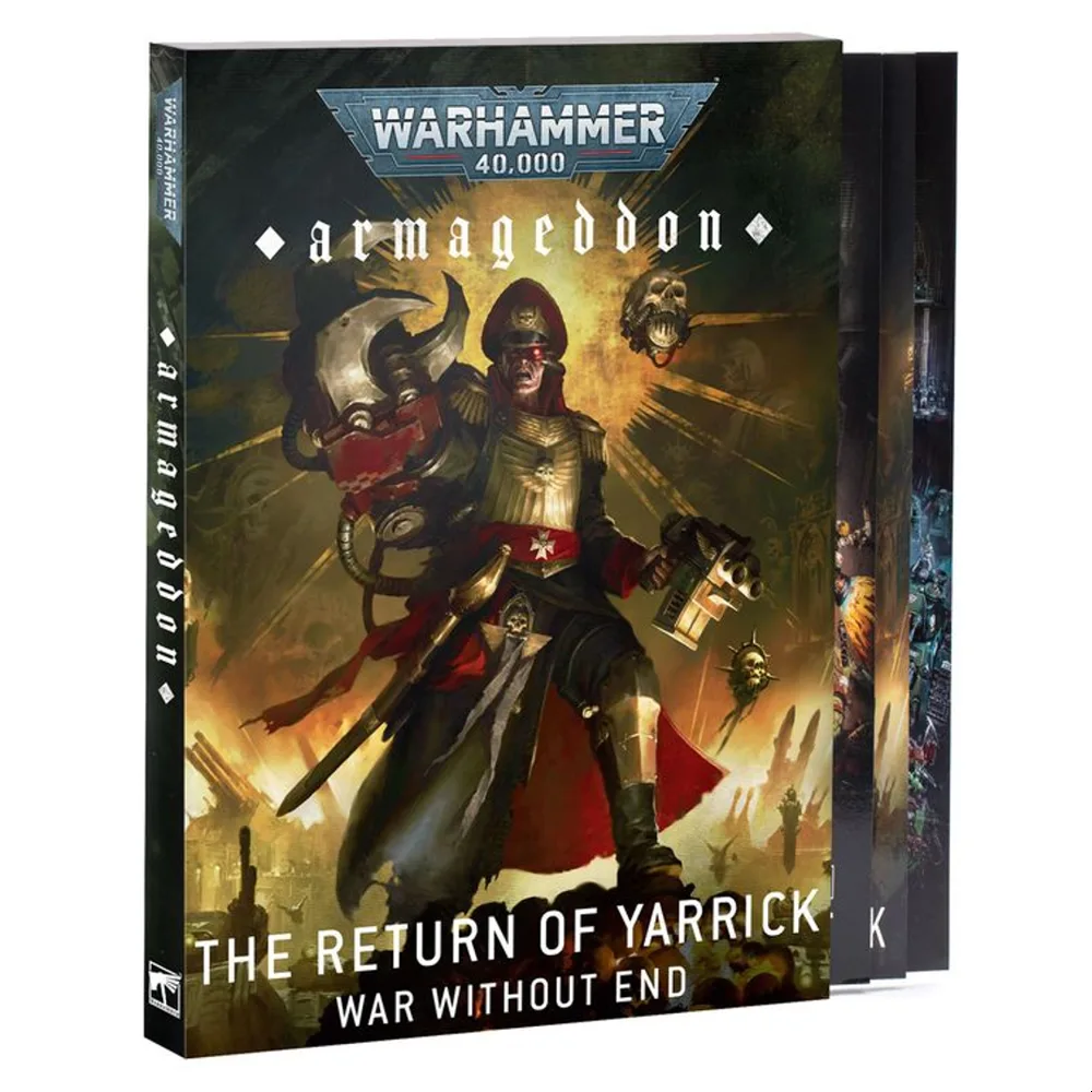 Warhammer 40K Armageddon book cover featuring Commissar Yarrick in black uniform with imperial eagle insignia