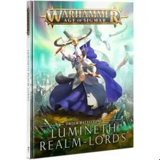 Hardcover Warhammer Age of Sigmar Lumineth Realm-Lords Battletome book with blue and white cover featuring fantasy artwork