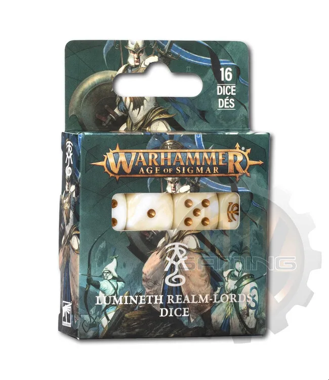 White dice set with gold Lumineth Realm-lords symbols for Age of Sigmar tabletop game