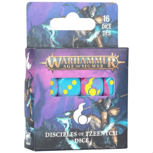 Blue and pink marbled dice set with Tzeentch symbol for Warhammer Age of Sigmar