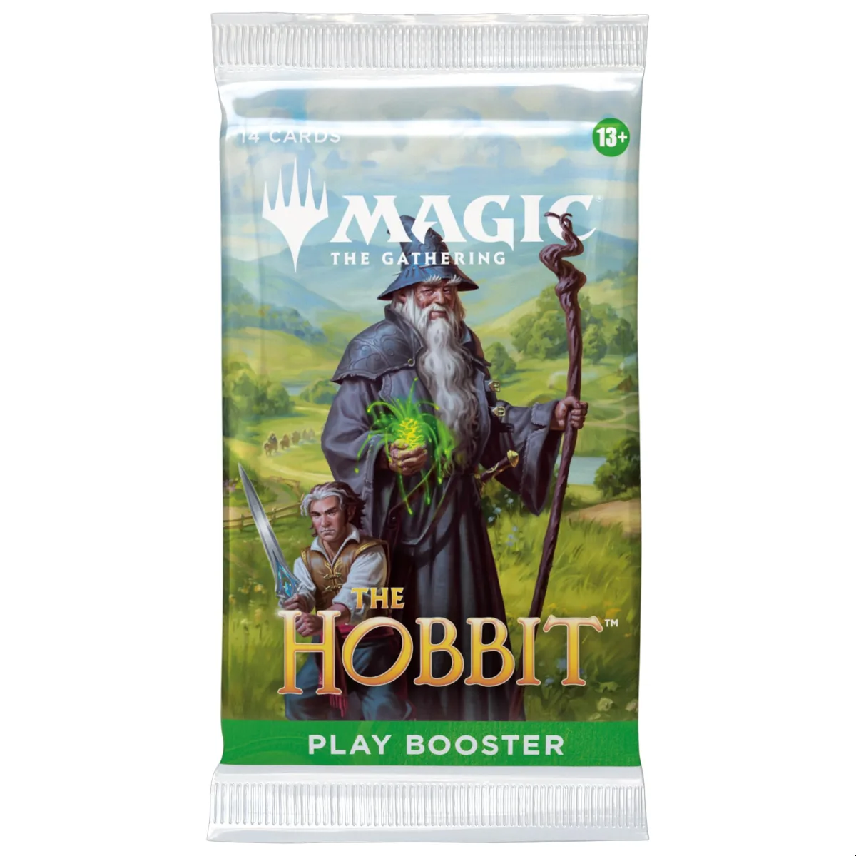 Magic: The Gathering The Hobbit booster pack with fantasy artwork featuring characters from Middle-earth