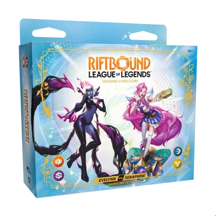 Riftbound trading card game Showdown Decks box featuring Evelynn and Seraphine champions