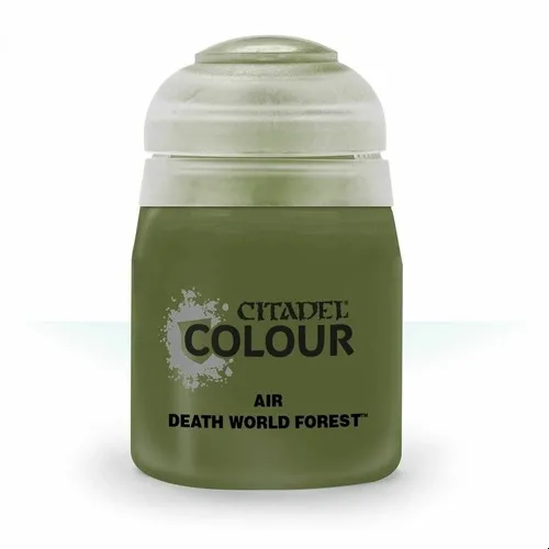 Green airbrush paint bottle labeled Citadel Air Deathworld Forest 24ml for Warhammer miniatures