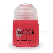 Red acrylic airbrush paint bottle labeled Citadel Air Evil Sunz Scarlet 24ml