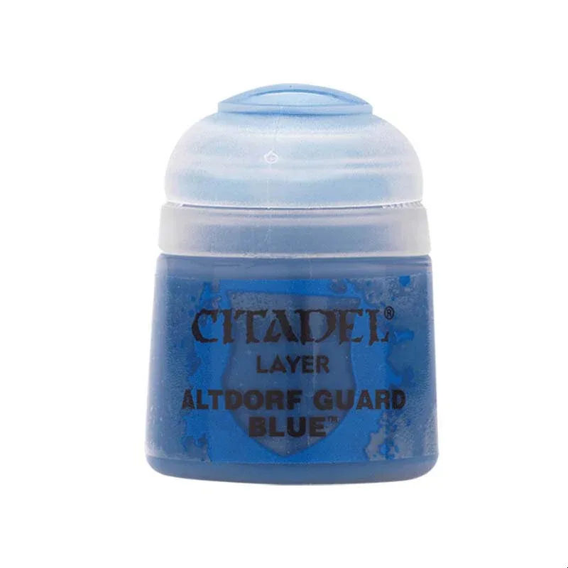 Blue paint pot labeled Citadel Layer Altdorf Guard Blue for miniature models
