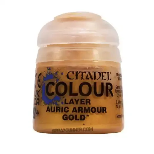 Citadel Layer paint pot in Auric Armour Gold metallic color, 12ml Games Workshop acrylic paint