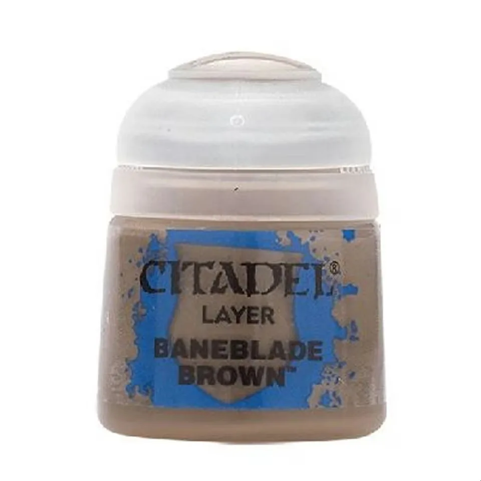 Games Workshop Citadel Layer paint pot in Baneblade Brown color against white background
