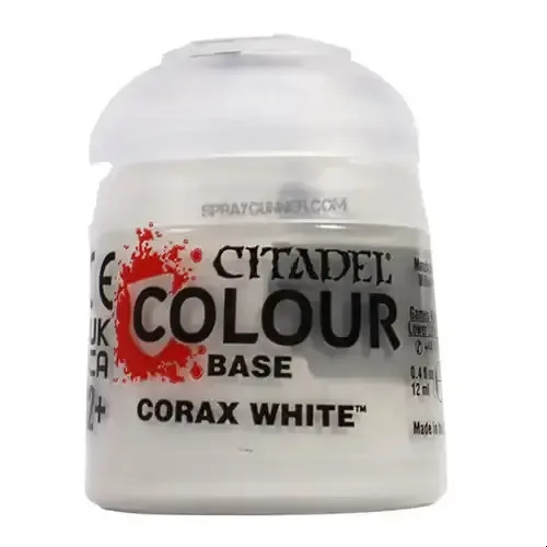 White paint pot with Citadel Base Corax White label, 12ml acrylic miniature paint