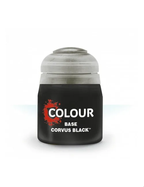Small bottle of Corvus Black base paint, 12ml size, against white background