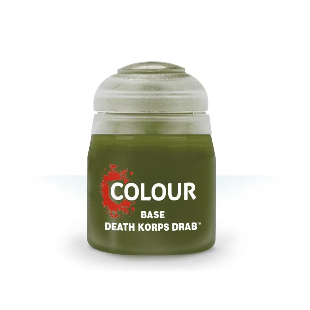 Bottle of Citadel Base Death Korps Drab model paint, 12ml, olive-brown color
