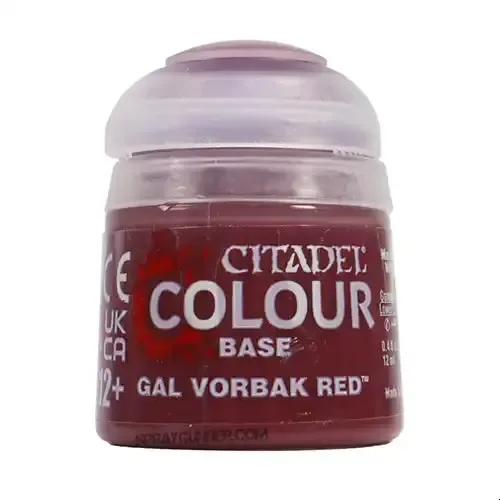 Red acrylic paint pot with Citadel Base label showing Gal Vorbak Red color
