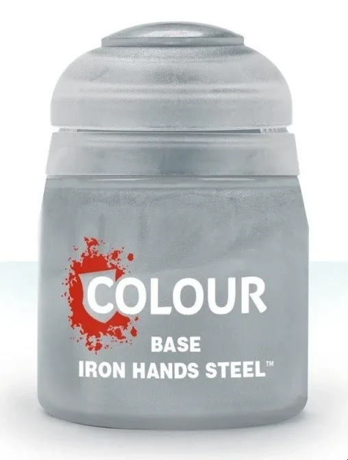 Citadel Base Paint pot in Iron Hands Steel, metallic silver paint, 12ml container