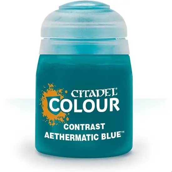 Citadel Contrast Aethermatic Blue paint pot, 18ml, with blue label and black cap
