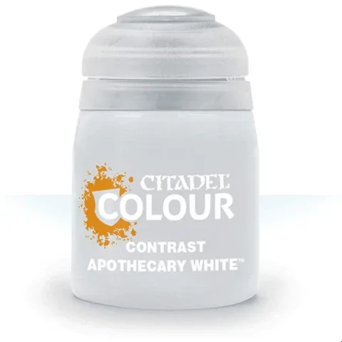 White paint pot of Citadel Contrast Apothecary White, 18ml bottle for Warhammer miniatures