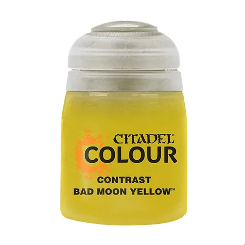 A pot of Citadel Contrast Bad Moon Yellow paint, 18ml, with black lid and yellow label