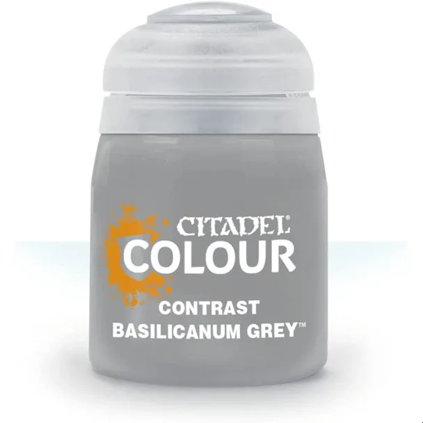 Citadel Contrast Basilicanum Grey paint pot, 18ml, with black lid and grey label