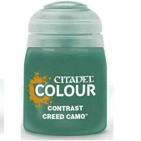 Citadel Contrast Creed Camo paint pot, 18ml, showing tan/khaki colored paint for miniature painting