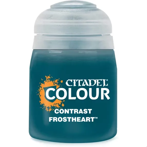 Bottle of Citadel Contrast Frostheart paint, 18ml, with light blue cap and label