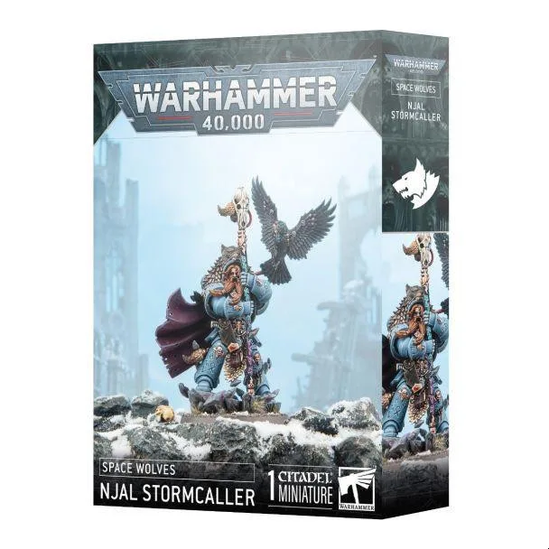 Njal Stormcaller miniature figure with runic staff and wolf pelt for Warhammer 40,000 Space Wolves army