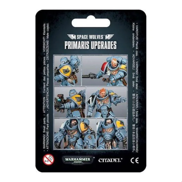 Space Wolves Primaris upgrade bits including shoulder pads, helmets, and wolf-themed accessories for Warhammer 40K miniatures