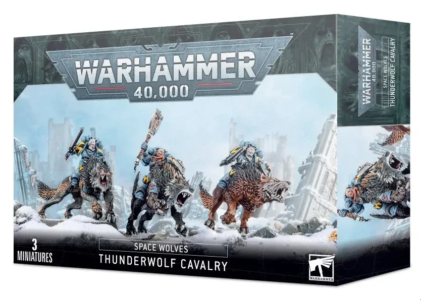 Three Space Wolves Marines mounted on armored Thunderwolves with weapons and detailed bases