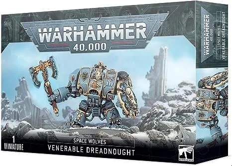Space Wolves Venerable Dreadnought miniature, armored walker with wolf insignia and weaponry